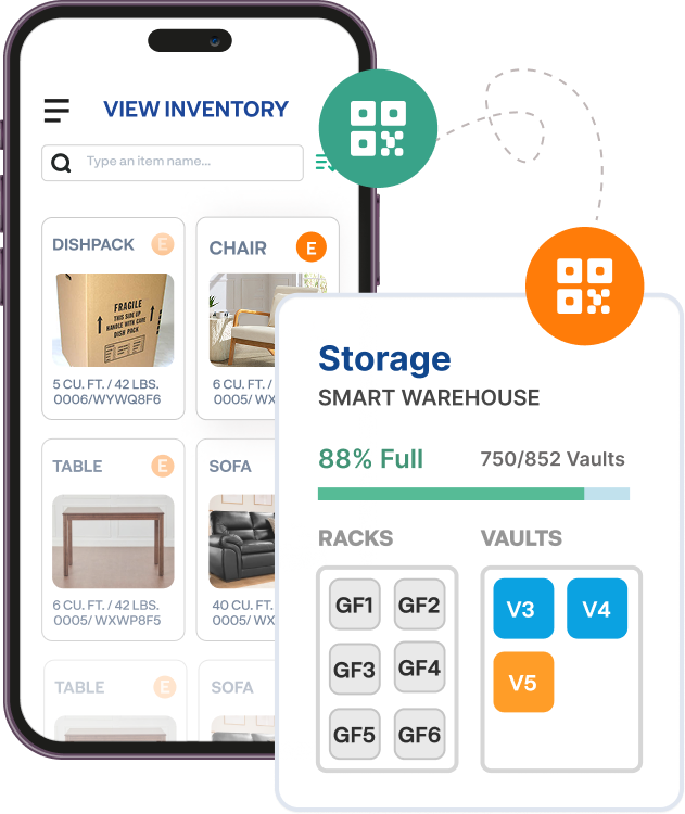 Mobile inventory and storage dashboard showing QR-coded items, vault occupancy, and smart warehouse integration for flexible storage management.